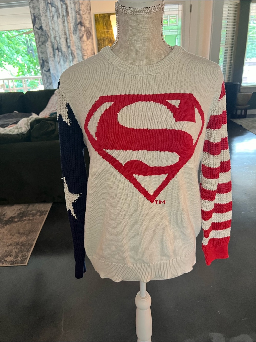 Crewneck Sweater with Red Superman Emblem and Patriotic Sleeves
